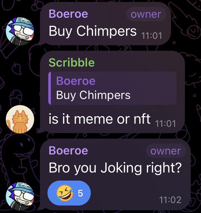 Screenshot of a Discord chat where 'Boeroe' (owner) tells 'Scribble' to 'Buy Chimpers', followed by Scribble asking 'is it meme or nft' and Boeroe replying 'Bro you Joking right?'