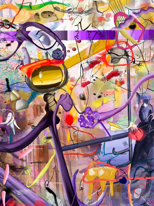 A vibrant, chaotic abstract painting features sweeping purple shapes, bright yellow and red accents, and dark, spindly lines layered over a multi-colored, textured background.