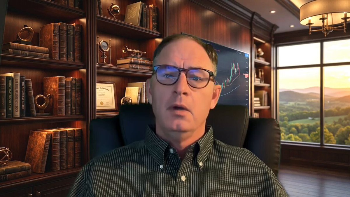 The image shows a man wearing glasses sitting in an office chair, with a window behind him that offers a view of mountains. The man appears to be giving a presentation or discussing something important. There are several books visible around the room, suggesting a workspace or study area.