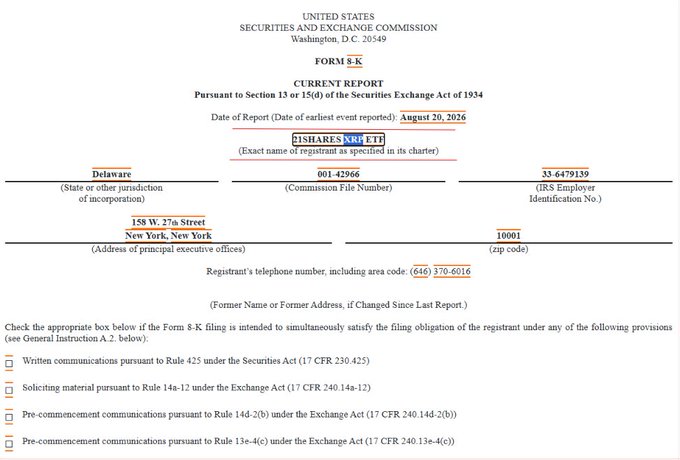 A Form 8-K Current Report filing with the SEC, dated August 20, 2026, from 21Shares XRP ETF (Delaware, IRS Employer ID 33-6479139), located at 158 W. 27th Street, New York, NY 10001. The filing relates to a change in the fund's pricing benchmark and fee payment structure as referenced in the accompanying post about 21Shares XRP ETF's transition from the CME to the FTSE XRP Index.