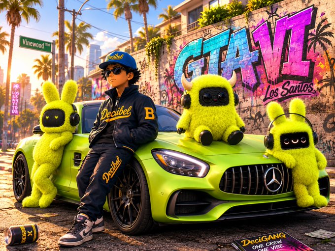 A vibrant 3D render of a person in a black 'Decibel' jacket and cap leaning against a bright green Mercedes-AMG GT, accompanied by three fuzzy yellow mascot creatures, with 'GTA VI Los Santos' graffiti and a 'Vinewood' street sign in the background, plus a 'DeciGANG ONE CREW ONE VIBE' magazine cover.