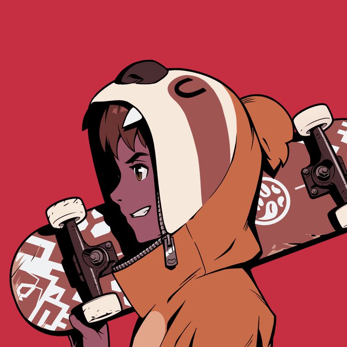 Anime-style illustration of a smiling girl in a dog-themed hooded jacket carrying a skateboard with white graphics, set against a red background.