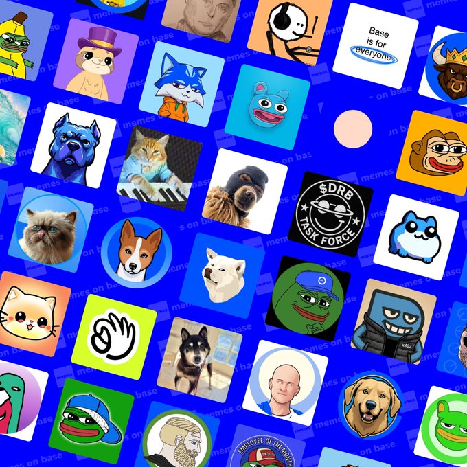 A grid of various NFT profile pictures featuring meme characters, cats, dogs, and abstract designs is displayed on a blue background with the 'Base is for everyone' logo.