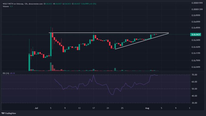 A TradingView candlestick chart for WOLF/WETH on Uniswap showing price consolidation in a symmetrical triangle pattern with an RSI indicator below.