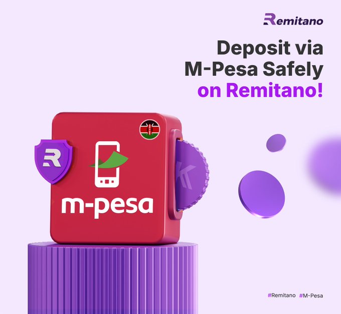 A promotional 3D graphic for Remitano featuring a red cube with the M-Pesa logo and a shield, accompanied by the text 'Deposit via M-Pesa Safely on Remitano!'