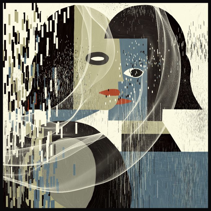 A stylized digital illustration of a fragmented woman's face with flowing hair, blending geometric shapes, pixelated patterns, and muted blue and beige tones.