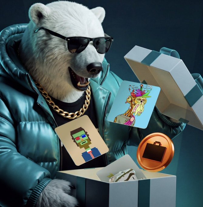 A digital illustration of a polar bear wearing sunglasses, a gold chain, and a teal puffer jacket, opening gift boxes containing meme-style NFT art including a pixelated character and a colorful avatar, with a gold briefcase coin floating nearby.