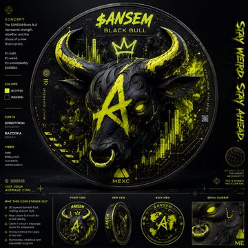 A bold promotional graphic for "$ANSEM Black Bull" merchandise featuring a striking black and neon yellow stylized bull logo with a gold crown, advertised on MEXC with concept text "THE SANSEM Black Bull represents strength," available colors including yellow/black, and purchasing details showing $24.99 pricing with views from front, side, back, and detail angles.
