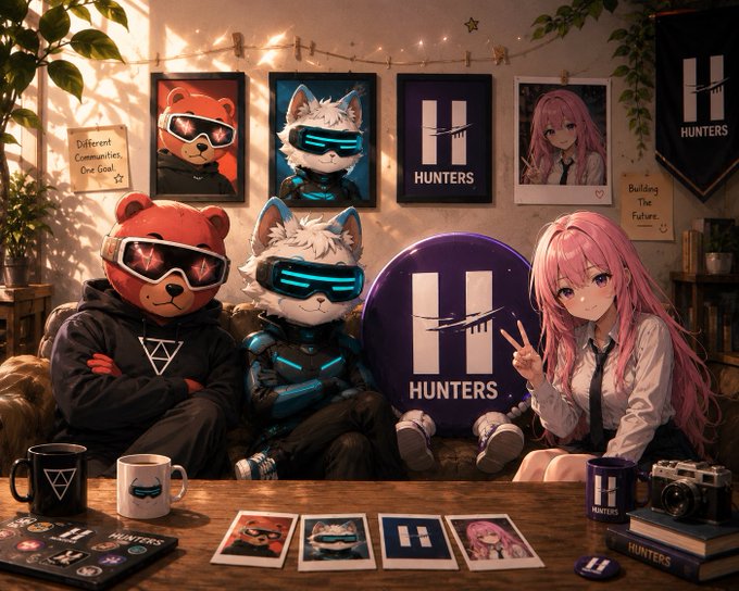 An anime-style illustration showing three characters—a bear in goggles, a fox in VR gear, and a pink-haired girl—sitting together in a room decorated with 'Hunters' branding, posters, mugs, and merchandise.