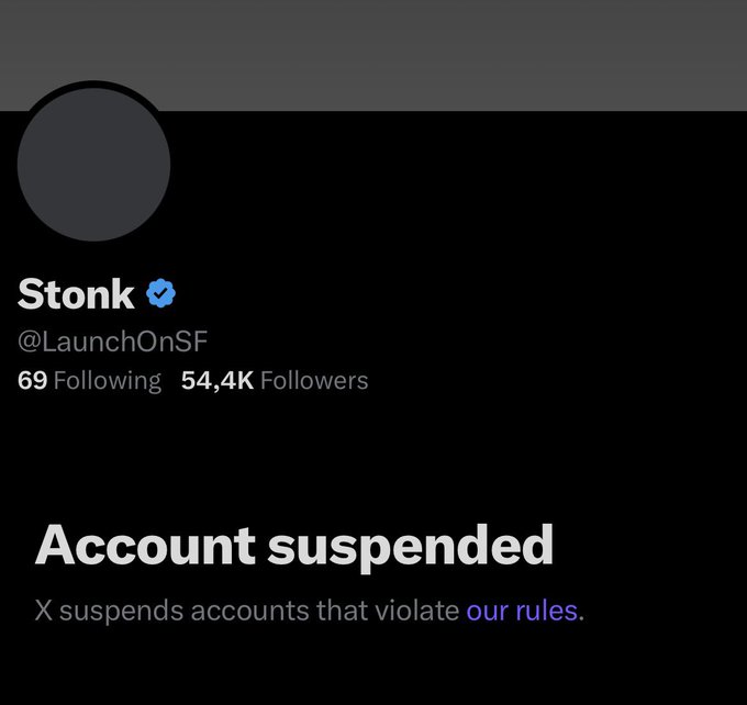 A suspended Twitter/X account screenshot showing the profile 'Stonk' (@LaunchOnSF) with 54.4K followers and the message 'Account suspended - X suspends accounts that violate our rules.'