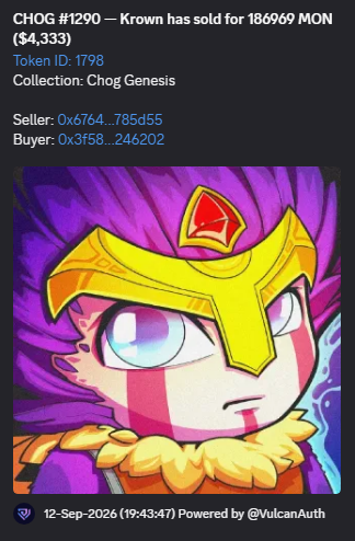 A digital transaction record stating 'CHOG #1290 — Krown has sold for 186969 MON ($4,333)', listing Token ID: 1798 from the Chog Genesis collection, accompanied by an illustration of a character with purple hair and a gold crown.