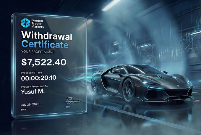 A withdrawal certificate from Funded Trader Markets displays a profit share payout of $7,522.40 to Yusuf M., dated July 29, 2026, with a processing time of 20:10 minutes, set against a sleek backdrop featuring a black sports car. The image visually reinforces the accompanying post's announcement of a "+7.500$ Payout @FTMarketslive."