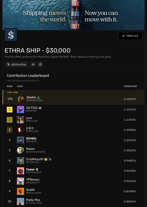 A screenshot of ETHRA SHIP - $30,000, described as "The first RWA protocol for Maritime Capital Markets," showing a Contribution Leaderboard with users ranked by mindshare percentage, including OG FOG, Lynn, HBO, SOHEIL, and others.