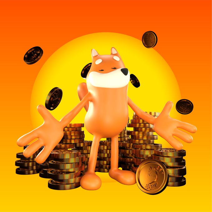A 3D illustration of a smiling orange fox character with arms outstretched, standing in front of a pile of gold Dogecoin coins under a bright sun.