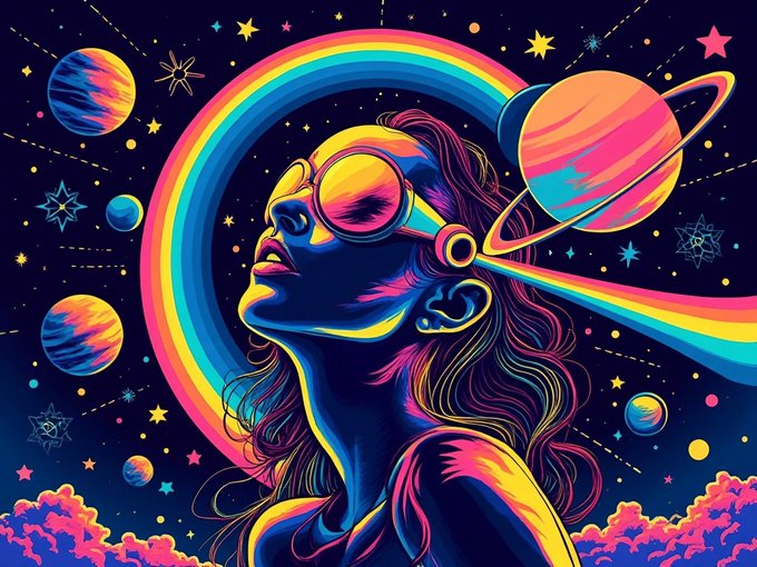 The image features a vibrant illustration of a woman with long hair wearing sunglasses, standing against a backdrop of stars and planets. The colors used are predominantly neon shades, creating an otherworldly atmosphere that seems to be a part of a cosmic dream or fantasy. The woman appears to be floating in space, surrounded by celestial bodies such as planets and stars. The image is accompanied by a caption that reads "Cosmic Dream In an atmosphere animated by neon colors, surrounded by stars, planets and celestial bodies", emphasizing the connection between the illustration and the post it was posted on.