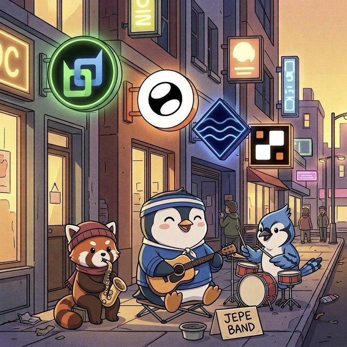 An illustrated street scene featuring anthropomorphic animals (a red panda playing saxophone, a penguin playing guitar, and a blue jay on drums) performing as the 'JEPE BAND' with cryptocurrency and tech logos floating above them.