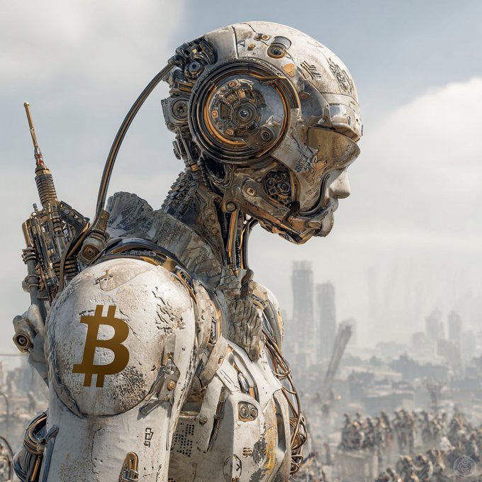 A detailed digital artwork shows a futuristic robotic figure in profile, featuring a Bitcoin logo on its shoulder, with a desolate cityscape in the background.