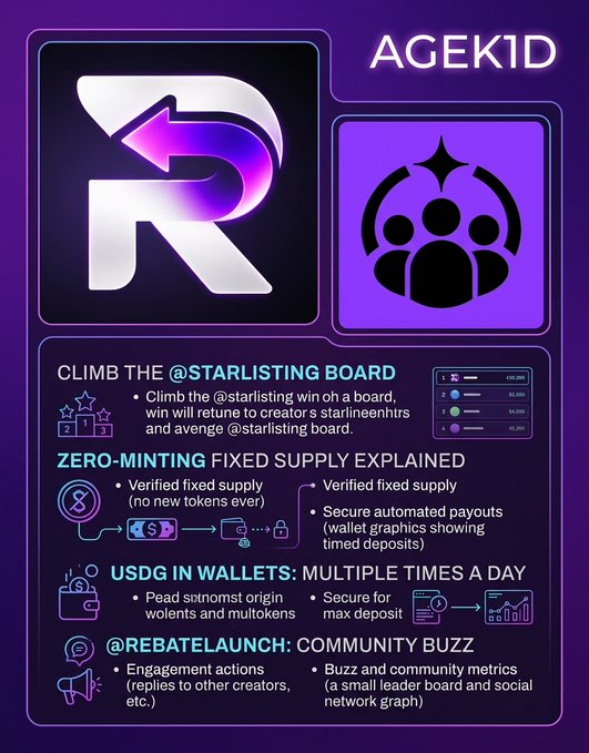 A purple promotional graphic headed “AGEK1D” explains “CLIMB THE @STARLISTING BOARD,” “ZERO-MINTING FIXED SUPPLY EXPLAINED,” “USDG IN WALLETS: MULTIPLE TIMES A DAY,” and “@REBATELAUNCH: COMMUNITY BUZZ.”
