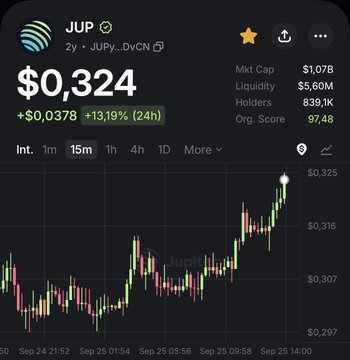 A cryptocurrency tracking screen for JUP (Jupiter), showing a current price of $0.324 with a 13.19% increase over 24 hours.