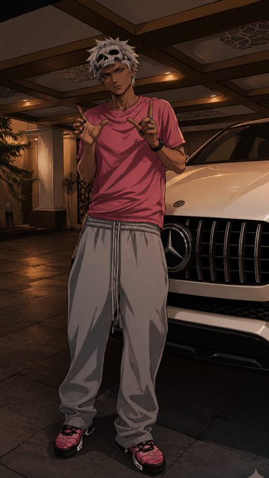 An anime-style illustration depicts a man with a skull headband, pink t-shirt, and gray sweatpants posing beside a white Mercedes-Benz car.