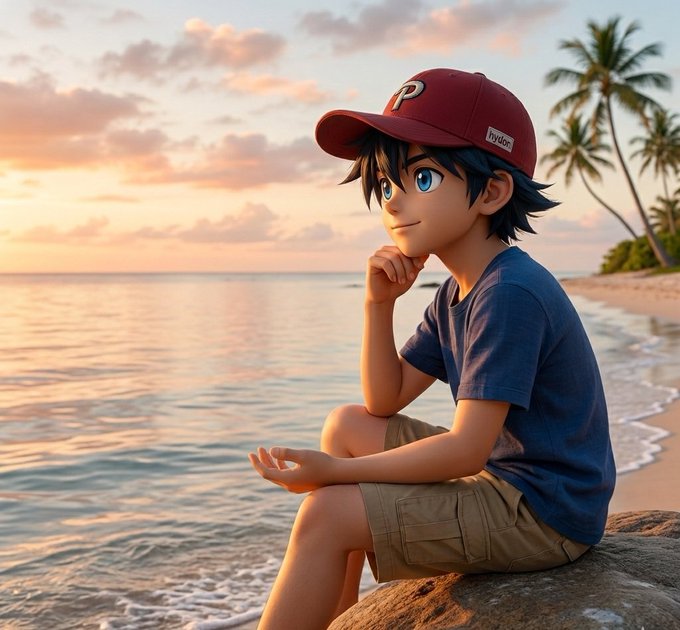 The image features a young boy sitting on a rock by the ocean at sunset with his hand over his mouth, looking thoughtful or lost in thought. The boy is wearing a baseball cap and a blue shirt. In the background, there are palm trees visible along the shoreline of the beach.