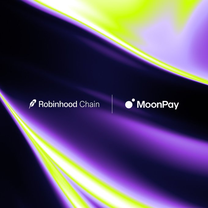 A promotional graphic featuring the Robinhood Chain and MoonPay logos centered against a flowing purple and neon green abstract background.