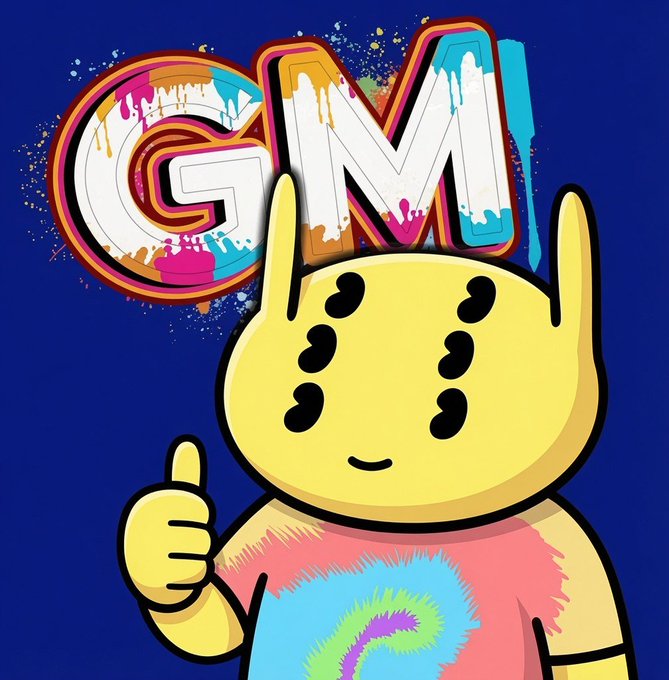 A colorful graphic featuring a yellow cartoon character giving a thumbs-up in a tie-dye shirt, with 'GM' in graffiti-style lettering in the background.