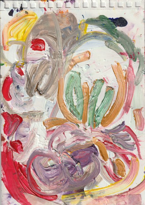 An abstract painting featuring thick, swirling brushstrokes in shades of red, green, brown, and pink on a textured surface.