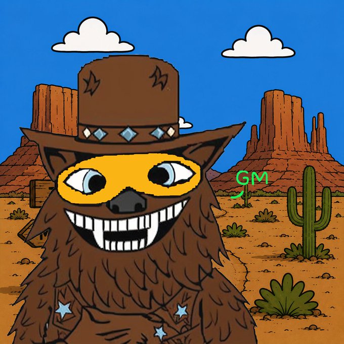 A cartoon brown furry creature wearing a cowboy hat with star accents stands in a desert landscape with mesas and cacti, with green "GM" text floating nearby.