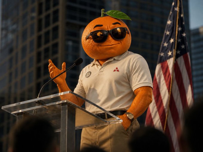 An orange mascot character wearing sunglasses and a polo shirt stands at a podium in front of an American flag, giving a speech to a crowd. The image appears to be a meme promoting a giveaway contest involving the "$Udin" ticker, as indicated by the accompanying post offering rewards for the most liked comment.