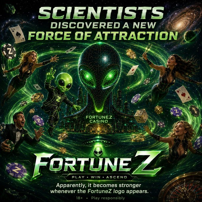 A bold green cosmic-themed casino advertisement for "FortuneZ" features an alien head, people flying amid floating playing cards, dice, and poker chips, with the tagline "Scientists discovered a new force of attraction — Apparently, it becomes stronger whenever the FortuneZ logo appears," reinforcing the post's playful claim about the brand's irresistible cosmic pull toward crypto entertainment.