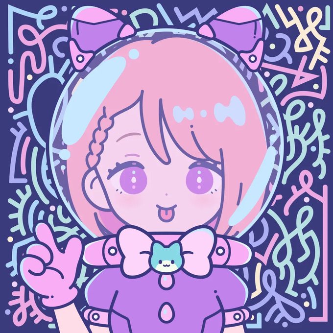 A cute anime-style illustration of a pink-haired girl with purple eyes wearing a space helmet and a bow with a cat on it, surrounded by abstract neon designs on a dark blue background.