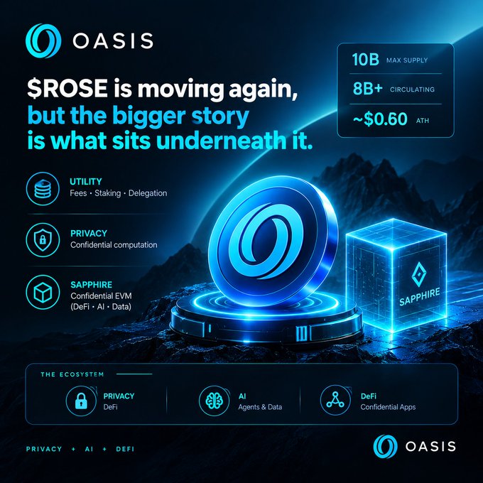 The image is a promotional graphic for Oasis Protocol highlighting $ROSE with stats (10B max supply, 8B+ circulating, ~$0.60 ATH), and outlines its utility (Fees, Staking, Delegation), privacy features, and the Sapphire confidential EVM, which directly reinforces the post's emphasis on ROSE's underlying utility in powering network fees, staking, delegation, and Sapphire gas.