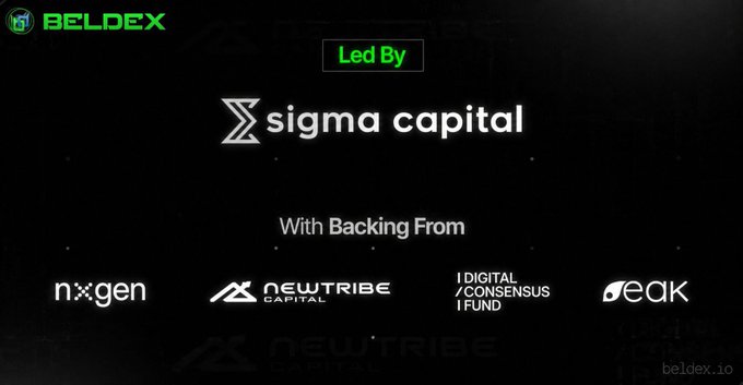 A dark promotional graphic for BELDOEX indicating it is 'Led By sigma capital' with 'Backing From' partners including nextgen, NEWTRIBE CAPITAL, DIGITAL/CONSENSUS FUND, and peak.