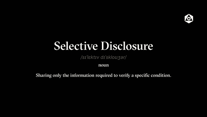 A dictionary-style definition slide for 'Selective Disclosure' (/sɪˈlɛktɪv dɪsˈkloʊʒər/), defined as a noun meaning 'Sharing only the information required to verify a specific condition.'