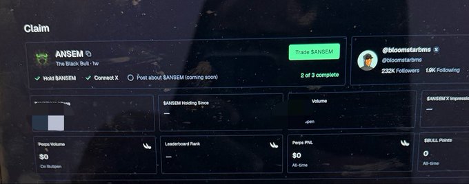 A screenshot of a "Claim" dashboard for the $ANSEM token, showing the "The Black Bull" project with a prompt to "Trade $ANSEM" and a connected X account (@bloomstarbs) with 232K followers, illustrating the steps to join the $ANSEM airdrop via Bullpen as described in the post.