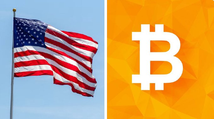 A split image shows the American flag waving on the left and the Bitcoin logo (₿) on an orange geometric background on the right.