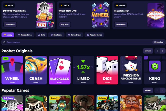 A screenshot of the Roobet gaming website displays featured promotions including '$100,000 Weekly Raffle', 'Wheel - NOW LIVE!', and 'Vegas Takeover', along with game categories like Slots and Live Casino.
