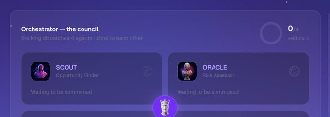 A dark-themed app interface titled 'Orchestrator — the council' showing agent cards for 'SCOUT (Opportunity Finder)' and 'ORACLE (Risk Assessor)' waiting to be summoned.