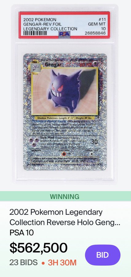 The image shows a PSA 10 Gem Mint graded 2002 Pokemon Legendary Collection Reverse Holo Gengar card #11 (cert #26858846) currently winning a Goldin auction at $562,500 with 23 bids and 3H 30M remaining, illustrating the post's point about elite 1% collectors driving prices for rare, low-population cards into six-figure territory similar to the speculative NFT market.