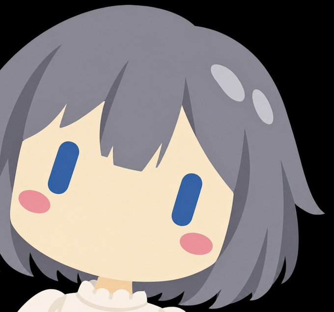 A simple cartoon-style face with short gray hair, large blue oval eyes, and pink blushing cheeks against a black background.