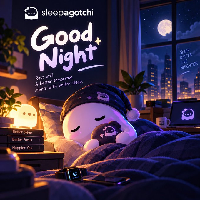A digital advertisement for 'sleepagotchi' featuring a cute character in a nightcap sleeping in bed, with the text 'Good Night' and 'Rest well. A better tomorrow starts with better sleep.'