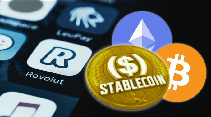 A golden "STABLECOIN" coin is overlaid on a smartphone screen displaying cryptocurrency-related app icons, including Revolut, Ethereum, and Bitcoin, symbolizing Revolut's entry into the stablecoin market with its new Euro-backed token.