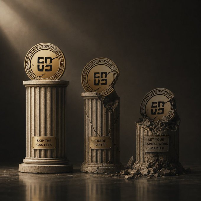 Three weathered stone pillars adorned with coin emblems bearing "ES" logos stand in progressive states of decay, each inscribed with the messages "SKIP THE GAS FEES," "TRADE FASTER," and "LET YOUR CAPITAL WORK SMARTER," symbolizing the erosion of traditional barriers in favor of crypto and DeFi trading. The image ties to the post's focus on Nomisma Network and related platforms, which promise to eliminate gas fees and accelerate trading as the weekend approaches.