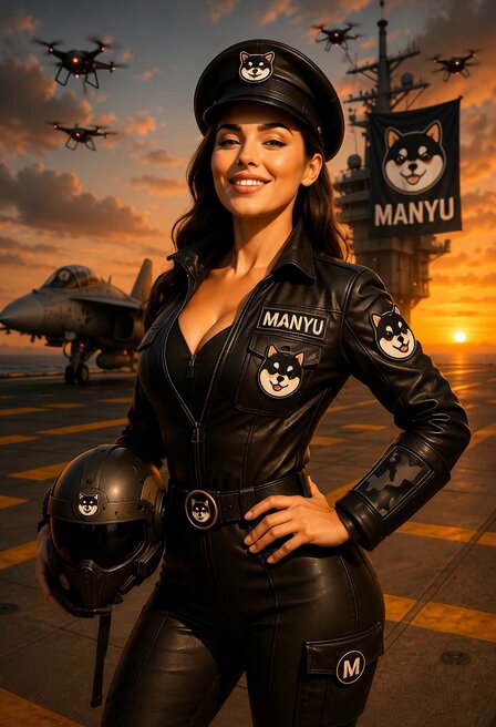 The image features a woman dressed in black leather, standing next to an airplane with the words "MANNYU" written on its side. The background of the photo shows a sunset over a military aircraft carrier. The caption reads "She took command. The skies are now hers." This suggests that the woman is likely a pilot or a member of the crew who has taken control of the aircraft, and they have successfully completed their mission.