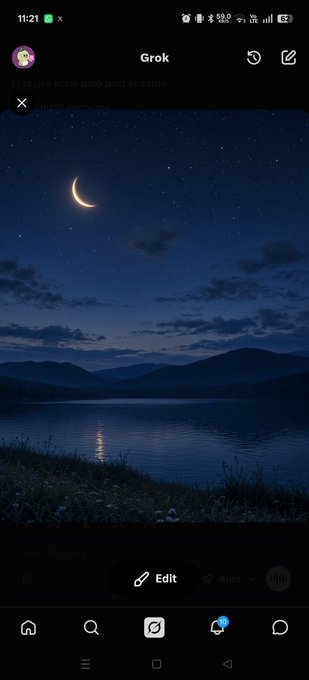 A mobile screenshot of the Grok app interface showing a serene nighttime landscape with a crescent moon over a lake, with an 'Indigo response' tag and an 'Edit' button visible.