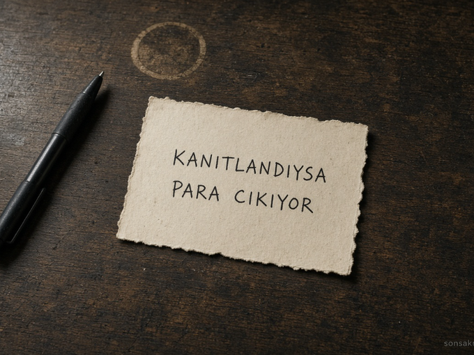 A torn piece of paper on a dark wooden surface reads "KANITLANDIYSA PARA CIKIYOR" next to a black pen, with a faint coffee ring stain visible.
