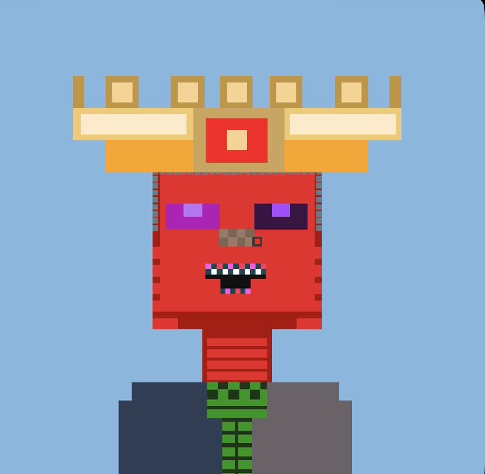 A pixel art illustration of a red blocky character with purple eyes, a toothy grin, wearing a gold crown and green striped tie, set against a light blue background.