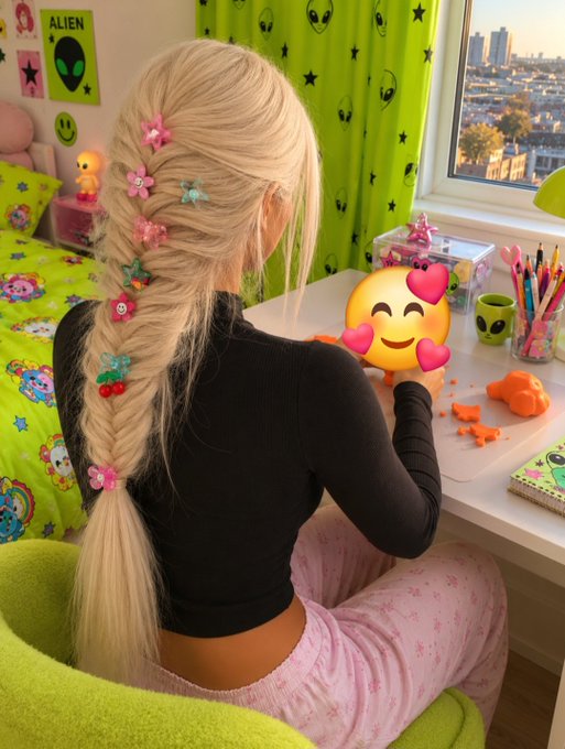Back view of a blonde girl with a braided hairstyle decorated with colorful clips, sitting at a desk in a green-themed alien bedroom with a heart-eyes emoji overlay.