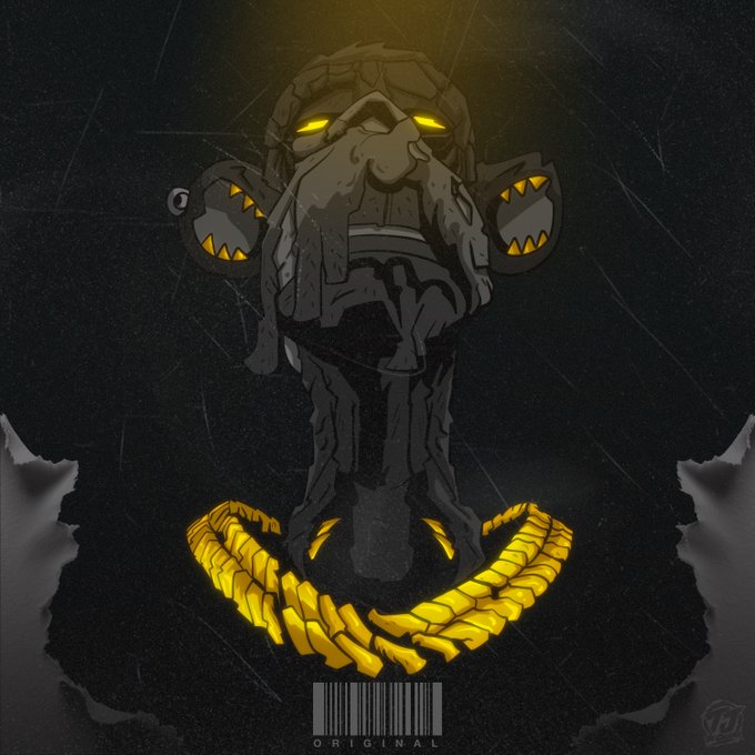 Dark digital artwork of a mechanical or armored face with glowing yellow eyes and spiked circular attachments, standing above a golden segmented ring or chain, labeled 'ORIGINAL' at the bottom.